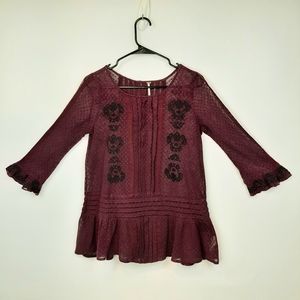 Free People Jocelyn Burgundy Embroidered Swiss Dot Womens Top Blouse Size XSmall